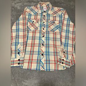 Topo Designs Cream, Red, and Blue Plaid Button Down Shirt